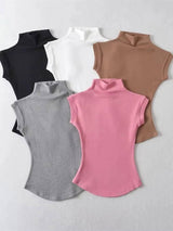 Women Summer Sexy Turtleneck Sleeveless T-Shirts Tops Solid-1