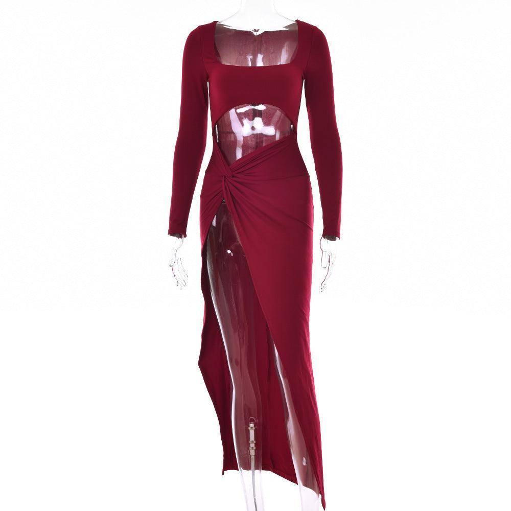 Womens Clothing Long Sleeve Dress Fashion Hollow U-neck-Wine Red-9