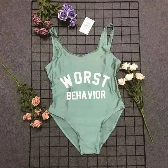 WORST letter printed one-piece swimsuit-Green-3