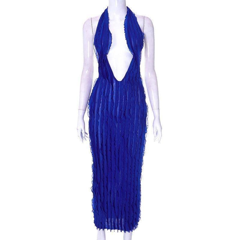 Xia Niu Venetian Wave Pattern Sexy Breast Wrapped Dress-Blue-9