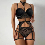 Xun Hot Lace Temptation Three-Point Suit Lingerie-Black-2