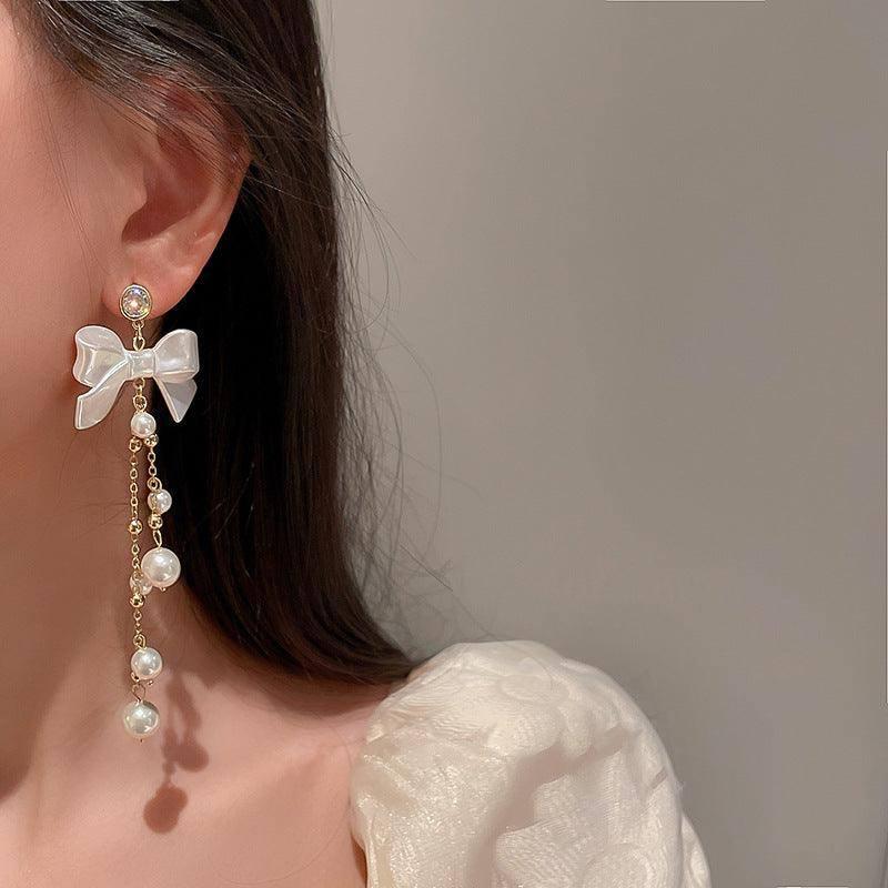 Zircon Pearl Bowknot Tassel Earrings Super Fairy Lady-Silver needle gold-4