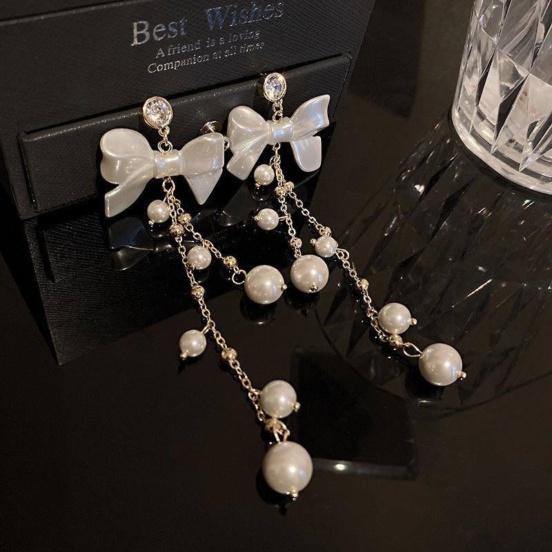 Zircon Pearl Bowknot Tassel Earrings Super Fairy Lady-Silver needle gold-6
