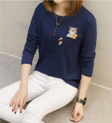 Women's Long Sleeve Tee with Pocket and Cat Design