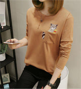 Women's Long Sleeve Tee with Pocket and Cat Design