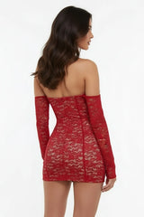 Back view of short red lace dress with long sleeves and off shoulder design for women