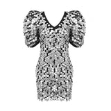 Sliver Sequins Mini Dress Women Short Sleeve V Neck Evening-Silver-8