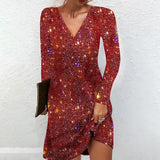 Silver sequin mini dress for women with long sleeves and deep V-neck — party outfit