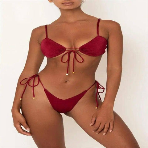 Split bikini with solid color strap-WineRed-3