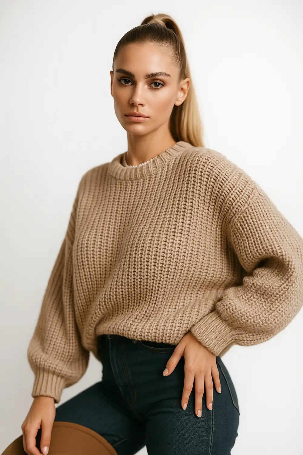 Beige chunky knit sweater for women - cozy oversized winter pullover