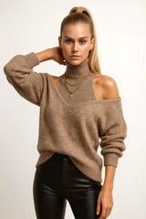 Brown cold-shoulder turtleneck sweater for women — cozy knit, modern fall style