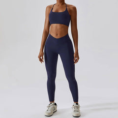 Women Yoga Clothing Sets Athletic Wear High Waist Leggings-Navy blue -2-1
