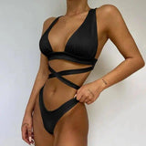 Women's Solid Color Cross Bikini Swimsuit-Black-4