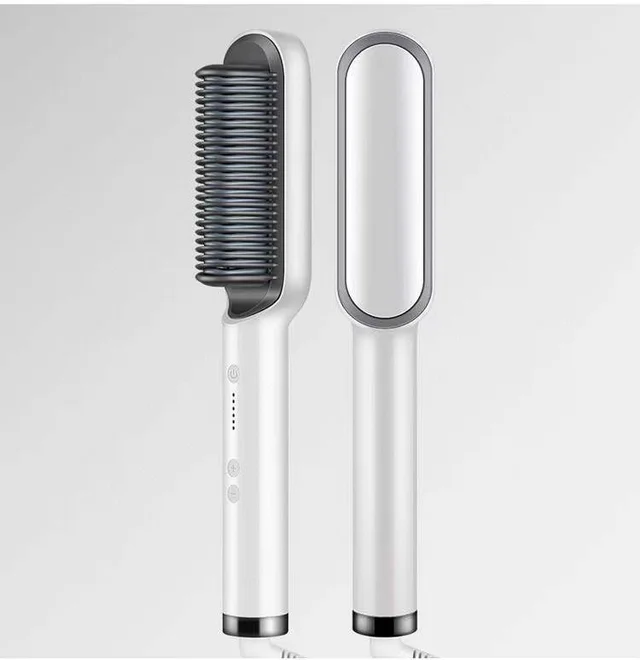 New 2 In 1 Hair Straightener Hot Comb Negative Ion Curling Tong Dual purpose Electric Hair Brush White - Shop at LoveMi