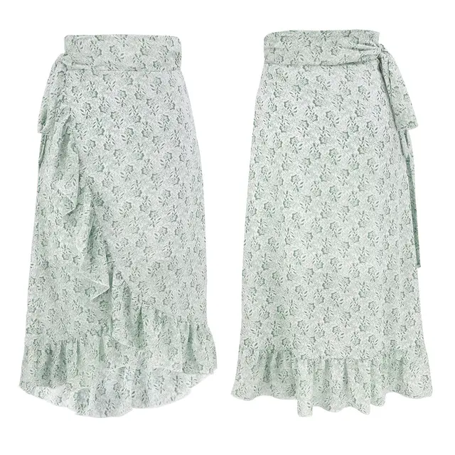 Woman Skirts High Waist Fashion Long Black Knotted Tied Wrap Floral Ruffle Chiffon A Line Split Skirt Spring Summer Clothes Green - Shop at LoveMi