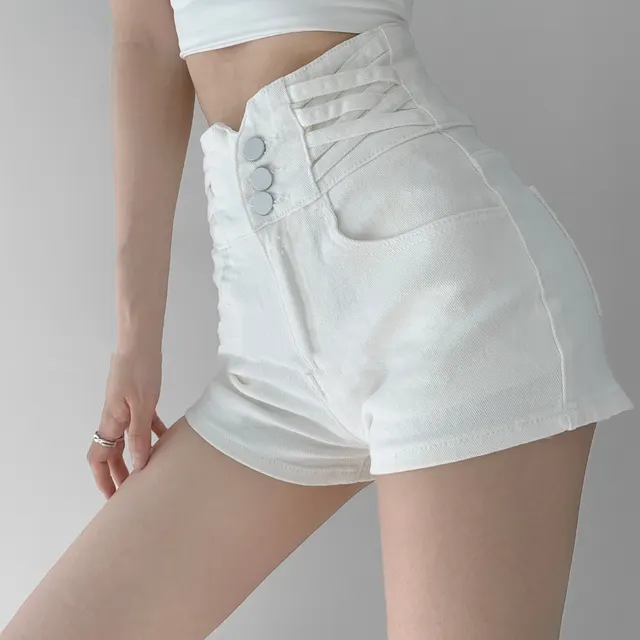 Crossover Waist High Rise Denim Shorts White - Shop at LoveMi
