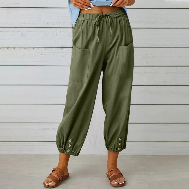 Women Drawstring Tie Pants Spring Summer Cotton And Linen Trousers With Pockets Button Army Green Sage green - Shop at LoveMi