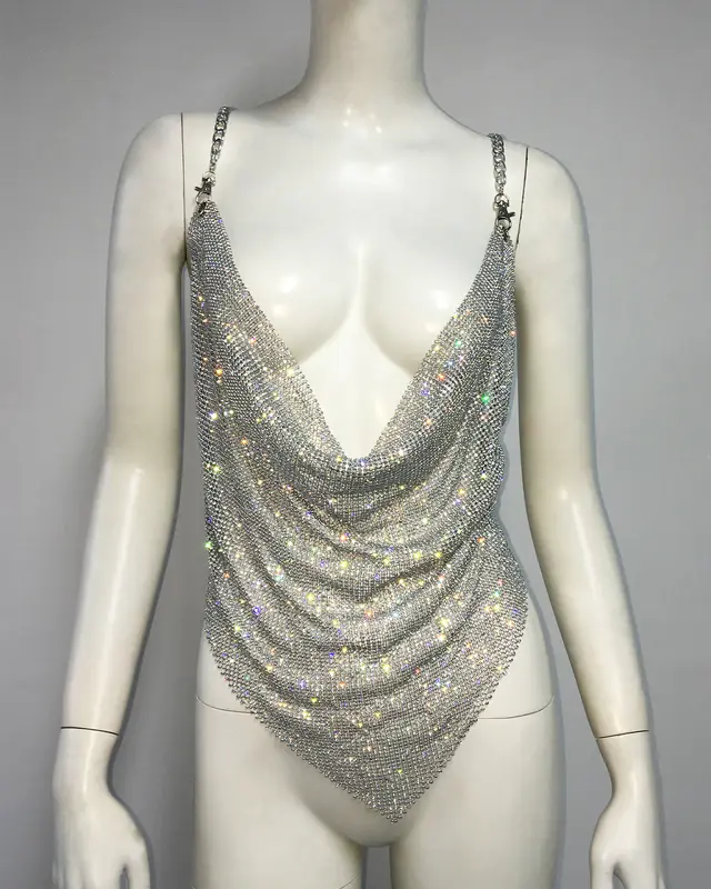 Metal Rhinestone Chain Sexy Suspenders Irregular Vest Silver - Shop at LoveMi